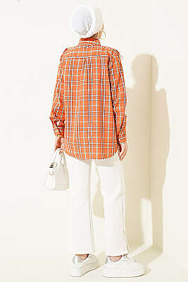 V Brode Fırfırlı Ekoseli Gömlek Oranj - Gömlek