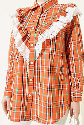 V Brode Fırfırlı Ekoseli Gömlek Oranj - Gömlek