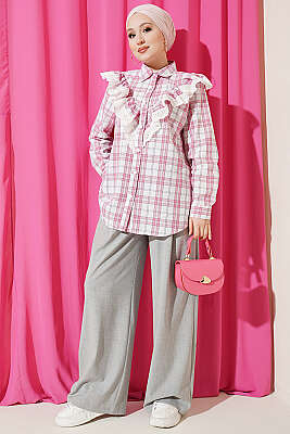 V Brode Fırfırlı Ekoseli Gömlek Pembe - Gömlek