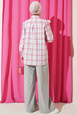 V Brode Fırfırlı Ekoseli Gömlek Pembe - Gömlek