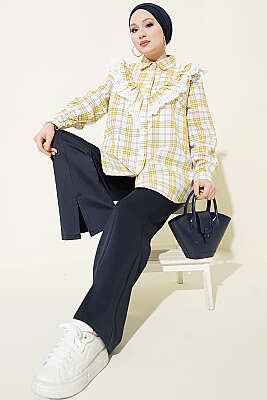 V Brode Fırfırlı Ekoseli Gömlek Sarı - HATUN