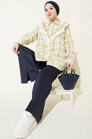 V Brode Fırfırlı Ekoseli Gömlek Sarı - Gömlek