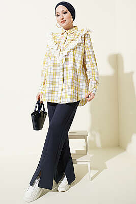 V Brode Fırfırlı Ekoseli Gömlek Sarı - Gömlek