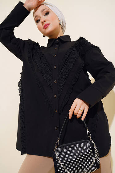 V Dantel Desenli Gömlek Siyah - Gömlek