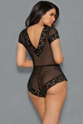 V Dantel Yaka Tül Fantezi Gecelik Siyah - Fantezi İç Giyim