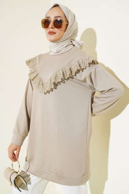 	 V Dantelli Tunik Bej - Tunik