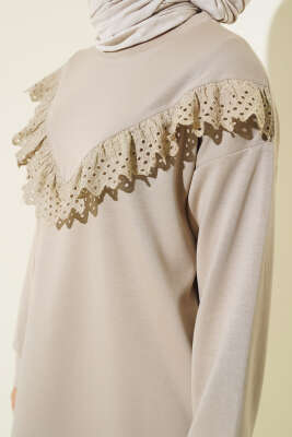 	 V Dantelli Tunik Bej - Tunik