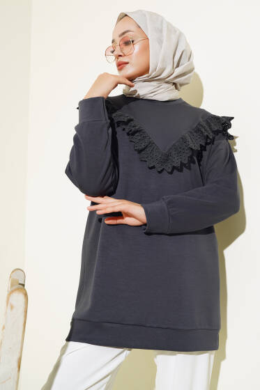 	 V Dantelli Tunik Füme - Tunik
