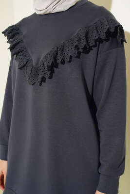 	 V Dantelli Tunik Füme - Tunik