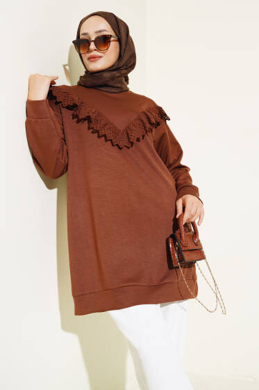 V Dantelli Tunik Kahve - Tunik