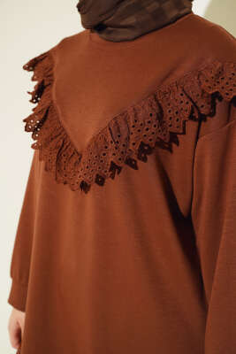 V Dantelli Tunik Kahve - Tunik