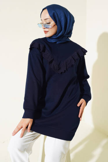 V Dantelli Tunik Lacivert - Tunik