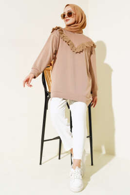 V Dantelli Tunik Latte - Tunik