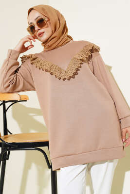 V Dantelli Tunik Latte - Tunik