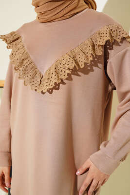 V Dantelli Tunik Latte - Tunik