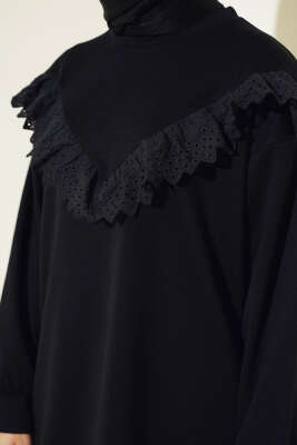 V Dantelli Tunik Siyah - Tunik