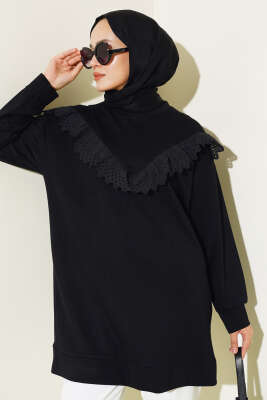 V Dantelli Tunik Siyah - Tunik