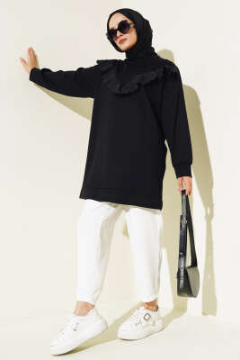 V Dantelli Tunik Siyah - Tunik