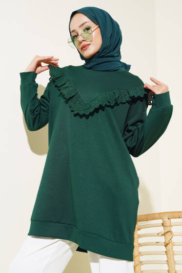 V Dantelli Tunik Zümrüt - Tunik