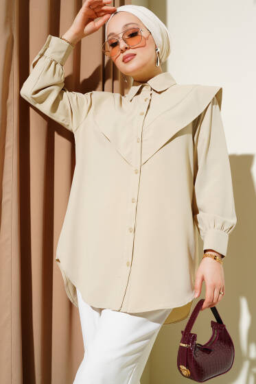 V Detaylı Gömlek Bej - Gömlek