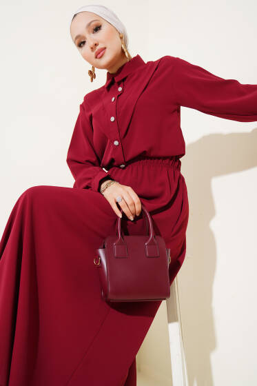 V Dikişli Etekli İkili Takım Bordo - İkili Takım