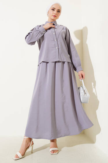 V Dikişli Etekli İkili Takım Gri - İkili Takım