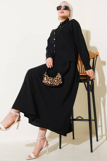 V Dikişli Etekli İkili Takım Siyah - İkili Takım