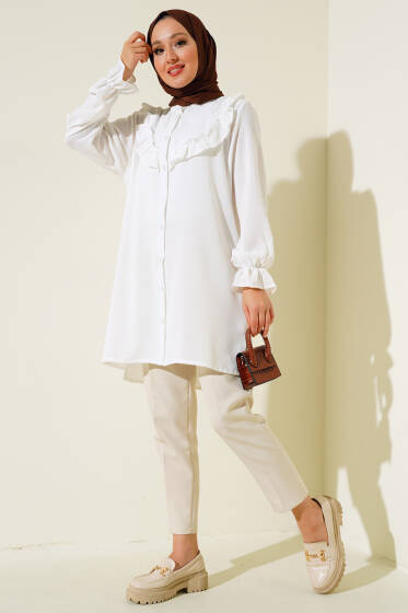 V Fırfırlı Gömlek Beyaz - Gömlek