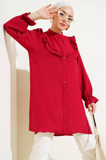 V Fırfırlı Gömlek Bordo - Gömlek