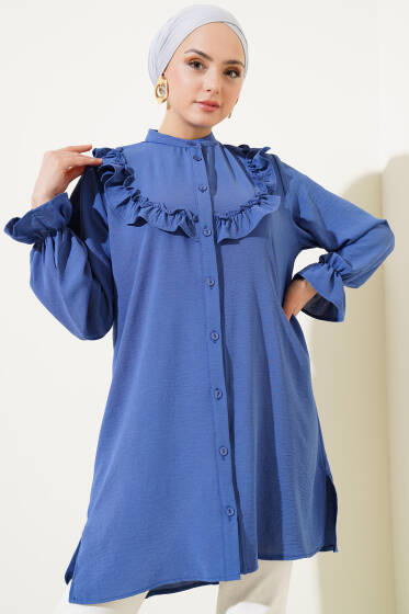 V Fırfırlı Gömlek İndigo - Gömlek