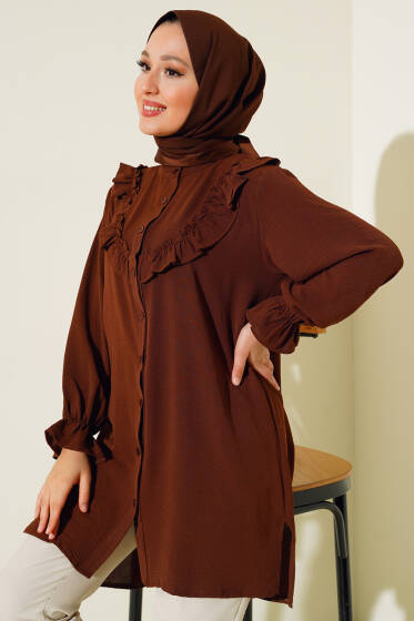 V Fırfırlı Gömlek Kahve - Gömlek