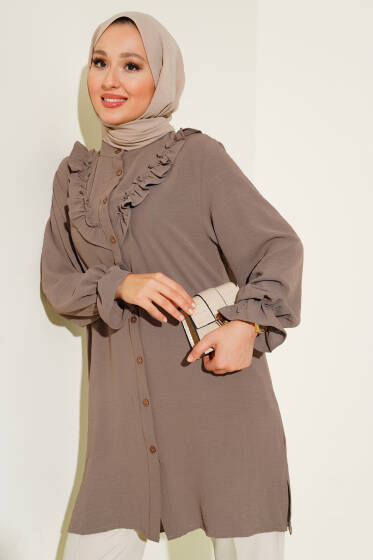 V Fırfırlı Gömlek Kestane - Gömlek