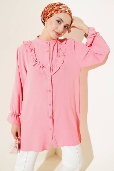 V Fırfırlı Gömlek Pembe - Gömlek