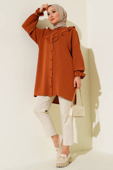 V Fırfırlı Gömlek Taba - Gömlek