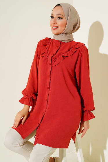 V Fırfırlı Gömlek Tarçın - Gömlek