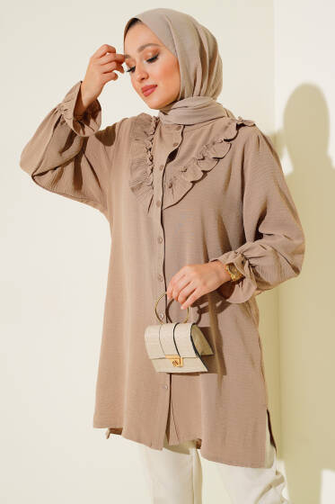 V Fırfırlı Gömlek Vizon - Gömlek