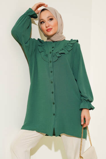 V Fırfırlı Gömlek Zümrüt - Gömlek