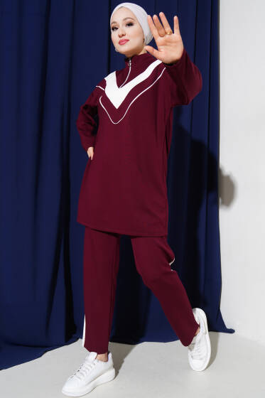 V Garnili Yaka Fermuarlı İkili Takım Bordo - İkili Takım