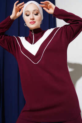 V Garnili Yaka Fermuarlı İkili Takım Bordo - İkili Takım
