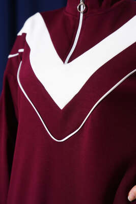 V Garnili Yaka Fermuarlı İkili Takım Bordo - İkili Takım