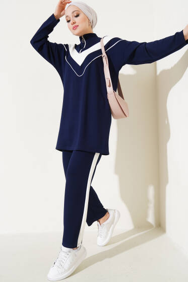 V Garnili Yaka Fermuarlı İkili Takım Lacivert - İkili Takım