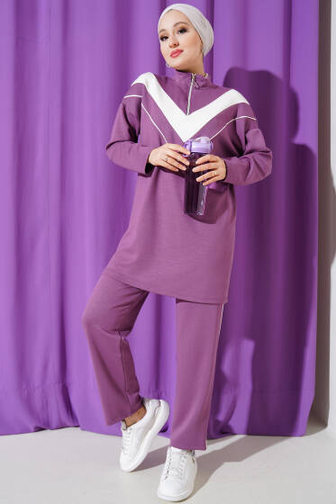 V Garnili Yaka Fermuarlı İkili Takım Menekşe - İkili Takım