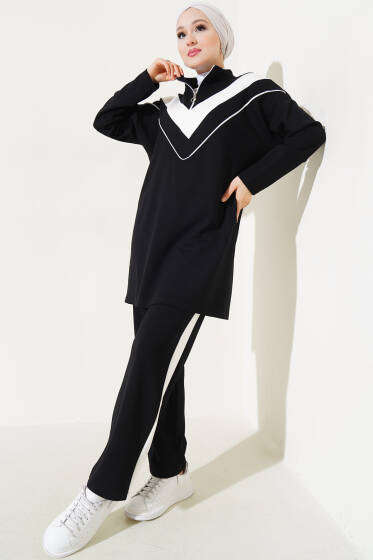 V Garnili Yaka Fermuarlı İkili Takım Siyah - İkili Takım