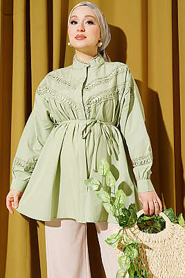 V Güpür Detaylı Gömlek Çağla Yeşili - WENNA DESIGN