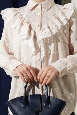 V Güpürlü Çizgili Tunik Bej - Tunik