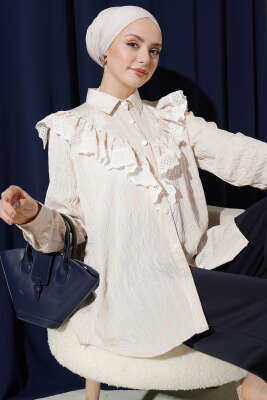 V Güpürlü Çizgili Tunik Bej - HATUN