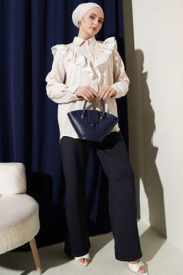 V Güpürlü Çizgili Tunik Bej - Tunik