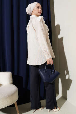 V Güpürlü Çizgili Tunik Bej - Tunik