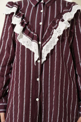 V Güpürlü Çizgili Tunik Bordo - Tunik