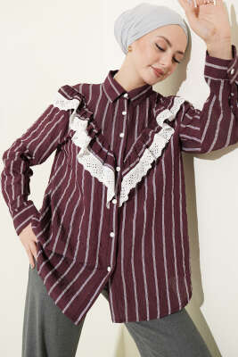 V Güpürlü Çizgili Tunik Bordo - HATUN